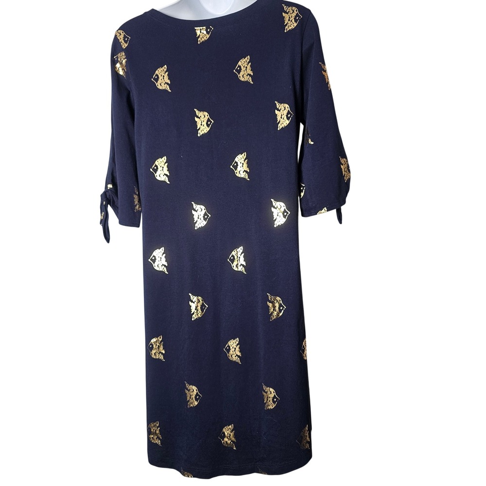 Lilly Pulitzer S Navy Blue Gold Foil Fish Pima Cotton Dress Nautical Coastal - Picture 3 of 7